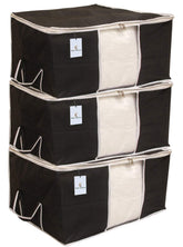 Kuber Industries Rectangular Plain Non-Woven Underbed Storage Bag/Organiser|Storage Bag for Clothes Large|Pack of 3 (Black)